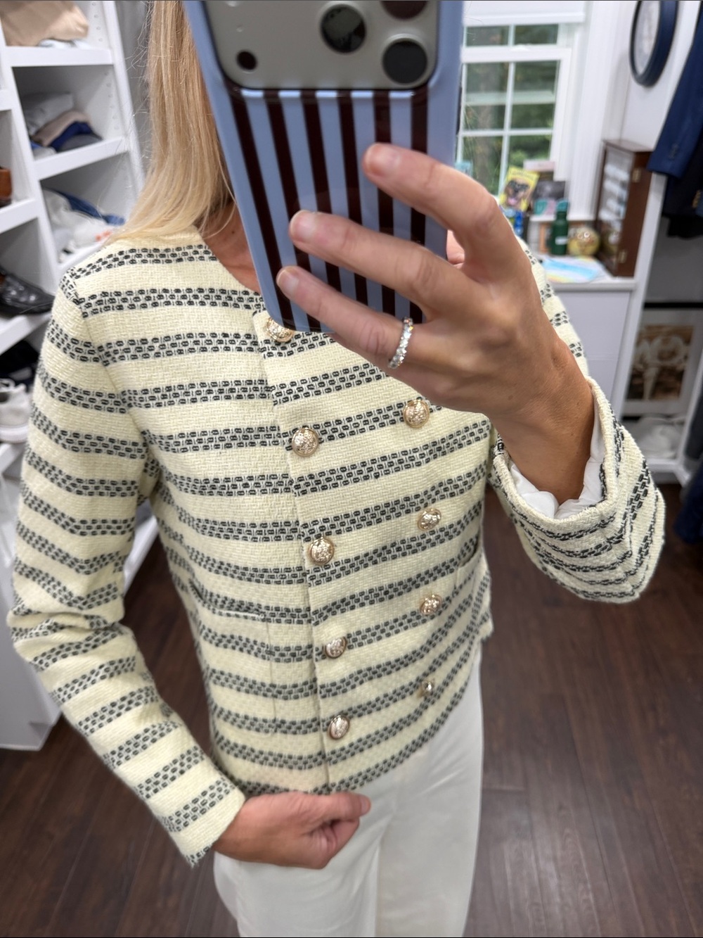 Amazon Cream & Navy Striped Double-Breasted Knit Jacket - Picture 4 of 7